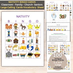 Kerstbingo x 100 kerstbingo, afdrukbare bingo, bingo kerstspel voor gezinnen, school, kinderen, grote groepen, zondagschool, kerstmis, Luke2