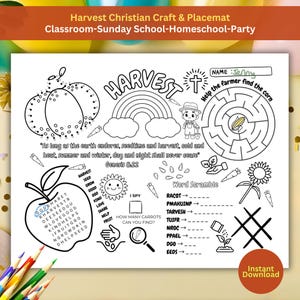 May include: Black and white line art placemat with a harvest theme. Features a pumpkin, rainbow, farmer, maze, word scramble, and apple with words. Text includes "Harvest Christian Craft & Placemat" and "Instant Download."