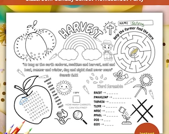 Harvest Christian Printable,Harvest Craft for Sunday School,Fall Activity Placemat,Genesis 8:22,Bible Coloring Page,Children's Church Game