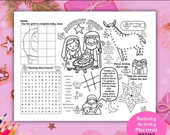 Krippenaktivität Tischset bedruckbar, christliche Geburt von Jesus Handwerksspiele, Sonntagsschulfarbe, Christentum Weihnachten, Bibelstunde Kinder, Luke