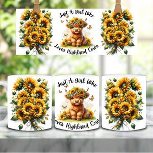 Highland Cow Sunflowers 11oz and 15oz coffee mug wrap, cute baby cow, cow digital download