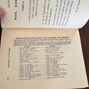 May include: Open book page with text comparing ancient Egyptian and Christian religious figures. The page is from "The Book of the Dead" by Alfred W. Pritchard. The text is in black font on a cream-colored paper.