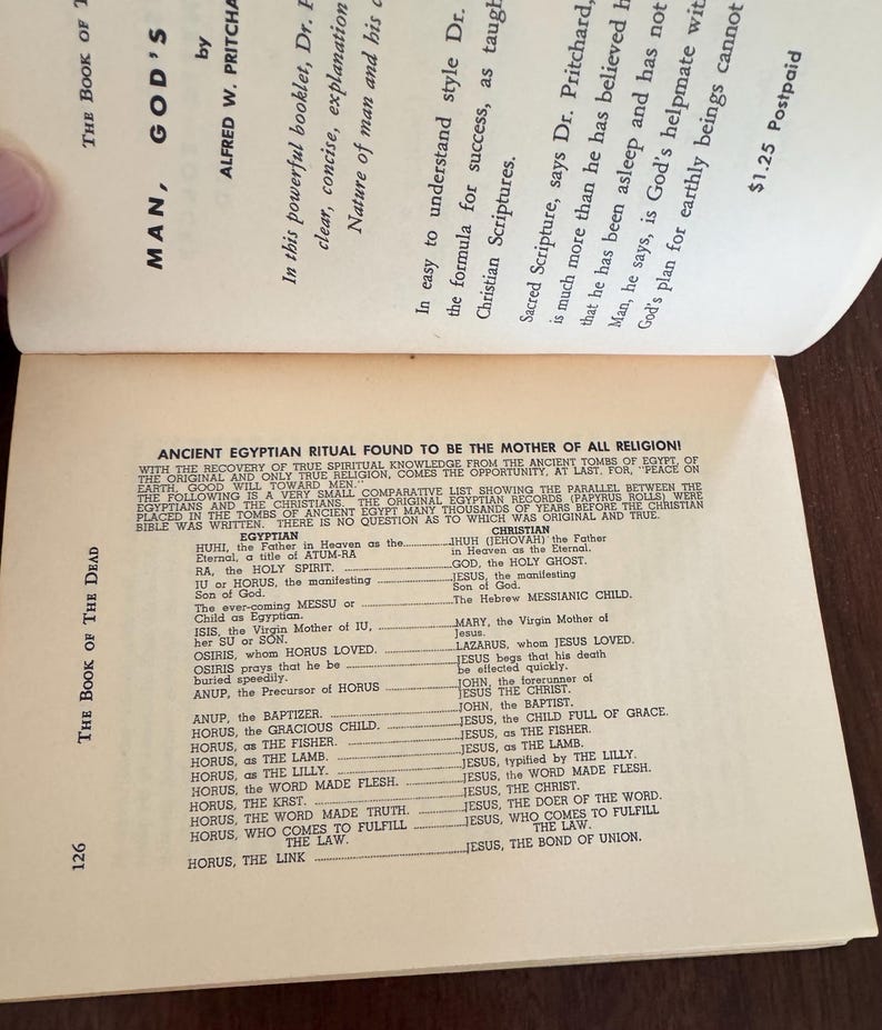 May include: Open book page with text comparing ancient Egyptian and Christian religious figures. The page is from "The Book of the Dead" by Alfred W. Pritchard. The text is in black font on a cream-colored paper.