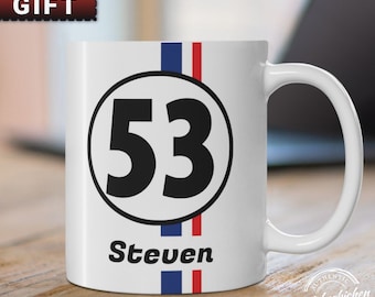 Custom Personal Herbie the Love Bug Classic Volkswagen Mug, Gift for Dad, Gifts for Boyfriend Boys Husband, Classic Car gift, Car Guy gift
