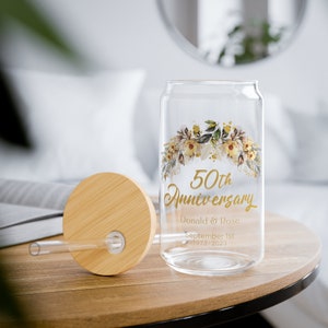 Personalized 50th Anniversary Wedding Glass Tumbler 16oz, Golden Parent&#39;s Anniversary, 50th Anniversary Gift