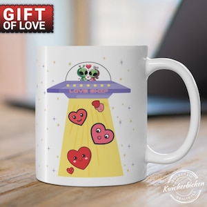Valentine&#39;s UFO & Aliens Love Abduction Coffee Mug 11 0z, Alien Abduction, Extraterrestrial Believer Gift, Alien UFO Beaming Hearts