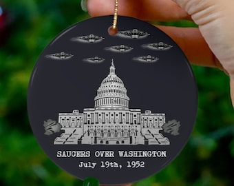 Saucers Over Washington UFO Christmas Ornament, Funny UFO Ornament, Christmas Aliens Ornament