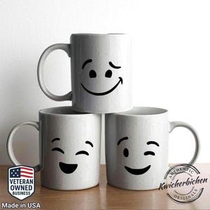 Cute Happy Mugs Smiling Cartoon Faces Ceramic Mugs, 11oz 15oz with 3 Designs to Choose - Fun Home Decor, Mug Gifts
