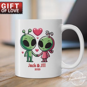 Personalized Valentine&#39;s Aliens Couples Coffee Mug 11 0z, Extraterrestrial Believer Gift, Custom Alien Couple, Cosmic Alien Love