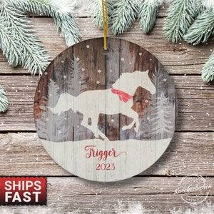Personalized Horse Distressed Barn Wood Snow Trees Ornament, Gift for Horse Lover, Gift Horse, Farm Ornament for Equestrian Ranch Horse Gift