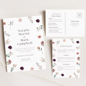 Wildflower Wedding Invitation Bundle | Editable Template | Boho Floral Invitation, RSVP & Details Card | DIY Printable Wedding Suite