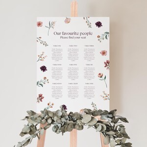 Tafelplattegrond bruiloft met wilde bloemen - Afdrukbare plattegrond bruiloft tuin - Aangepast bord met bloemen