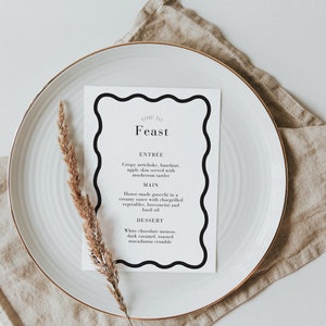 Menú ondulado y plantilla de tarjeta de lugar, menú de boda/despedida nupcial, imprimible, plantilla digital, despedida de soltera ondulada, imprimir en casa, Canva