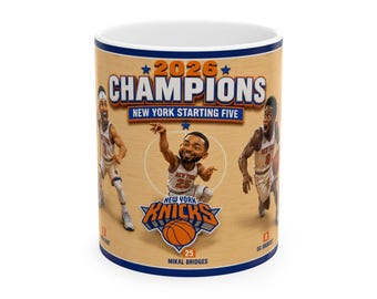 Knicks | 2026 Champions New York Starting Five Mug | Cartoon Basketball Team Art | Brunson Hart Bridges Anunoby Towns | Fan Gift Coffee Cup