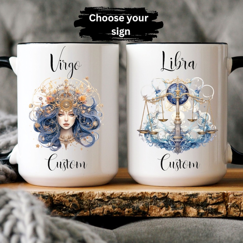 May include: Two white ceramic mugs with black handles. The mug on the left has a Virgo zodiac sign illustration and the text "Virgo Custom". The mug on the right has a Libra zodiac sign illustration and the text "Libra Custom".