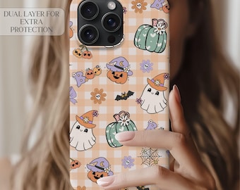 Cute Ghost Halloween Gingham iPhone Case, Pumpkin Bat Phone Cover, Kawaii Fall Aesthetic, Pastel Pink Ghost Phone Case Gift, Galaxy s25 Case