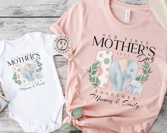 Personalized Our First Mother's Day Shirts, Custom Names Mommy and Me Cute Elephant shirts, Cute First Mothers Day 2025 Matching Shirts