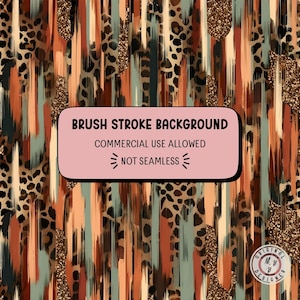 May include: Abstract digital background featuring a mix of brush strokes in shades of brown, orange, teal, and gold glitter. The background is not seamless and is labeled "Brush Stroke Background, Commercial Use Allowed, Not Seamless".
