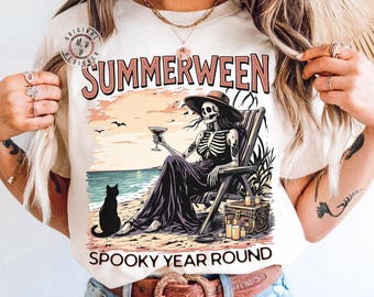 Camiseta de verano espeluznante Comfort Colors*, camiseta gótica de esqueleto de Halloween para verano, camiseta gótica oscura de playa con esqueleto espeluznante de verano