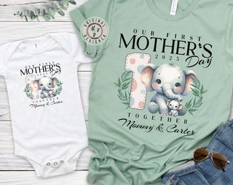 Personalized Our First Mother's Day Shirts, Custom Names Mommy and Me Cute Elephant shirts, Cute First Mothers Day 2025 Matching Shirts
