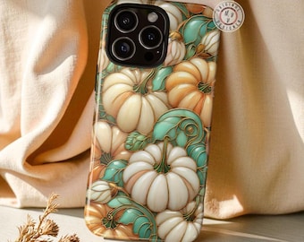 Funda para iPhone con calabazas otoñales, acogedora funda de vitral con hojas otoñales, funda de calabaza, fundas resistentes para iPhone con hojas otoñales