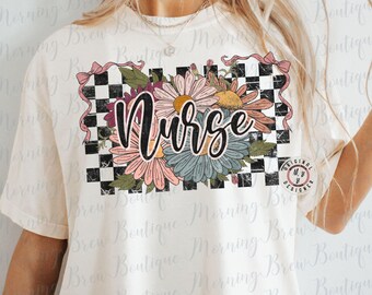 Coquette Retro Checkered Nurse PNG Design Vintage Floral Nurse design Trendy Retro Distressed Nurse Png Design, Nurse Sublimation