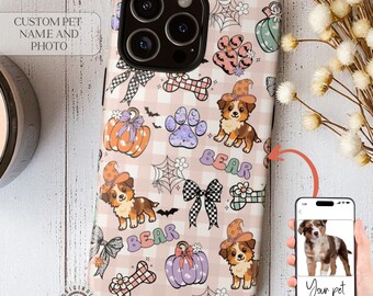 Custom Dog Photo iPhone Case, Retro Halloween Coquette Phone Cover, Personalized Pet Name Kawaii Paw Gift for Dog Moms, Galaxy s25 Case