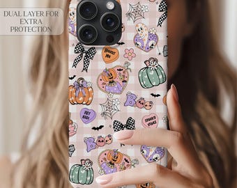 Funda retro kawaii de Halloween para iPhone, funda con lazo de calabaza fantasma y cuadros vichy, regalo estético espeluznante y adorable, funda para Galaxy S25