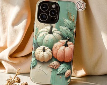 Autumn Pumpkins Phone Case, Cozy Fall Pumpkin Textured Painting Art iPhone Case, Pumpkin Phone Cover, Tough iPhone Cases With Fall Leaves