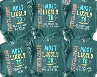 May include: Six teal-colored t-shirts with the text "MOST LIKELY TO" in colorful lettering. Each shirt has a different phrase, including "NEED A NAP BY 10 A.M." and "ROCK PAJAMA DAY LIKE IT'S A RUNWAY."