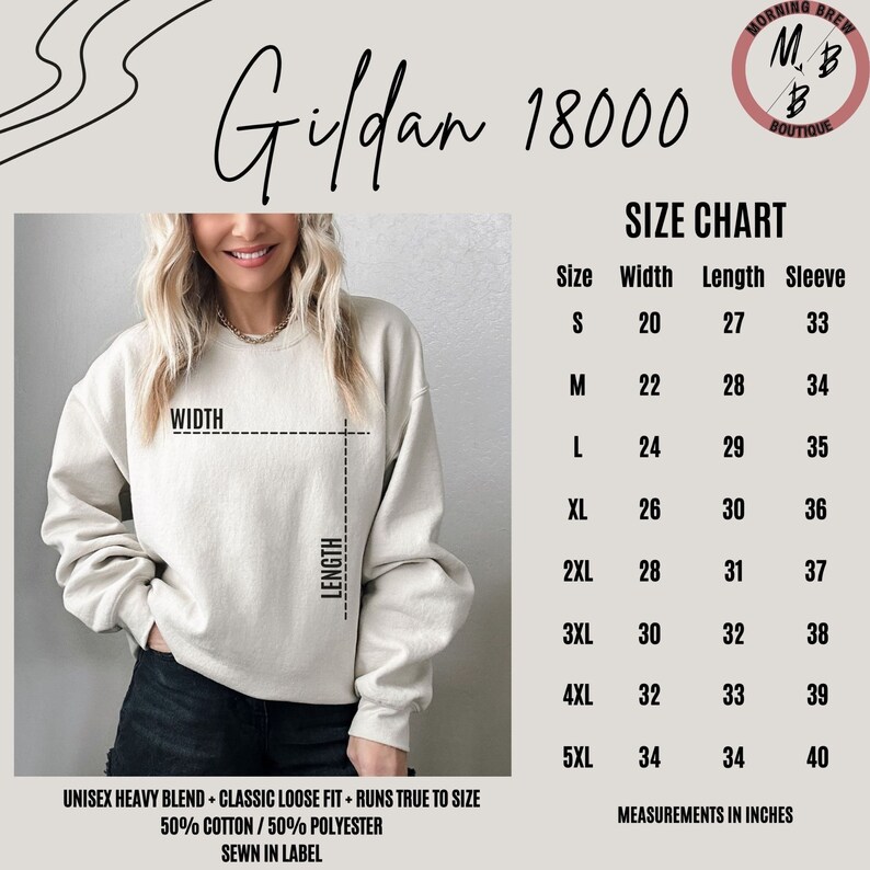 May include: A size chart for a Gildan 18000 unisex sweatshirt. The chart shows the width, length, and sleeve length in inches for sizes S through 5XL. The chart is printed on a white background with black text.