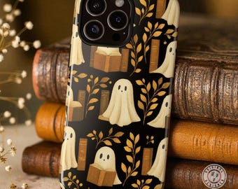 Funda para iPhone con fantasma de libros, funda para iPhone con estética otoñal para amantes de los libros, funda para iPhone con fantasma de Halloween, funda para iPhone con fantasma leyendo un libro de Halloween