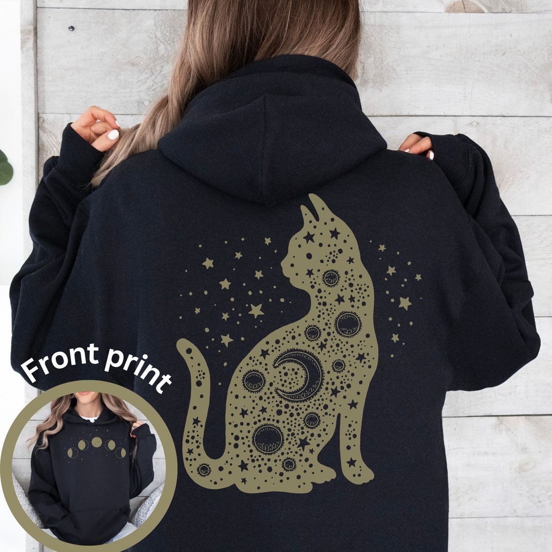 Celestial Cat Hoodie Front and Back Print, Witchy Cat Hoodie, Moon ...