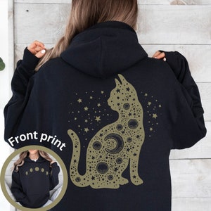 Celestial Cat Hoodie front and back print, Witchy Cat Hoodie, Moon Phases Hoodie, Cat Moon Hoodie, Cat lover Hoodie, Cute Astrology Hoodie