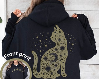 Celestial Cat Hoodie front and back print, Witchy Cat Hoodie, Moon Phases Hoodie, Cat Moon Hoodie, Cat lover Hoodie, Cute Astrology Hoodie