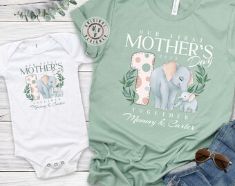 Personalized Our First Mother's Day Shirts, Custom Names Mommy and Me Cute Elephant shirts, Cute First Mothers Day 2025 Matching Shirts