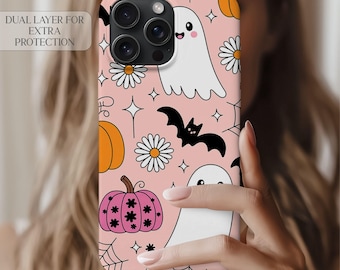 Cute Ghost Halloween iPhone Case, Pumpkin Bat Phone Cover, Kawaii Spooky Fall Aesthetic, Pastel Pink Ghost Phone Case Gift, Galaxy s25 Case