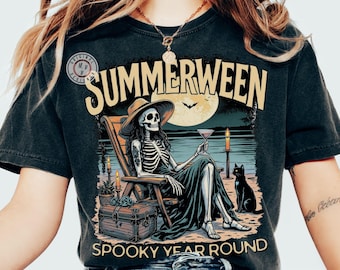 Camiseta de verano espeluznante Comfort Colors*, camiseta gótica de esqueleto de Halloween para el verano, camiseta gótica oscura de playa espeluznante de verano