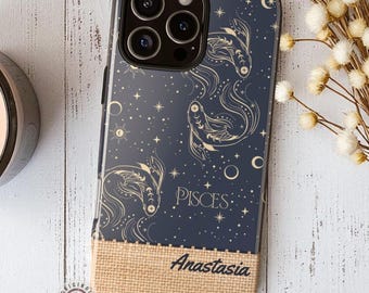 Personalized Pisces iPhone Case, Custom Zodiac Astrology Phone Cover with Name, Celestial Sun Moon Stars Gift, Pisces Birthday Present