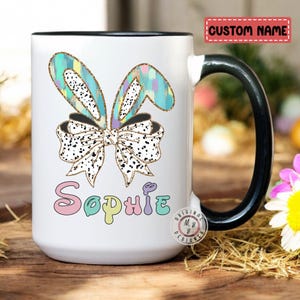 Personalized Easter coquette bunny mug, custom name bunny mug for Easter, personalized kids Easter bunny cup, trendy Easter gifts for kids