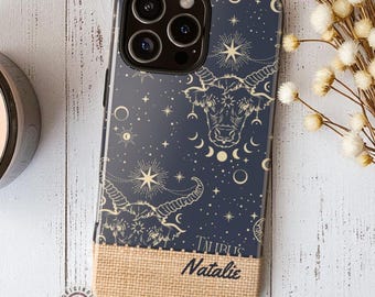 Personalized Taurus iPhone Case, Custom Zodiac Astrology Phone Cover with Name, Celestial Sun Moon Stars Gift, Taurus Birthday Present
