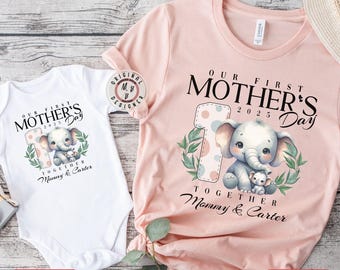 Personalized Our First Mother's Day Shirts, Custom Names Mommy and Me Cute Elephant shirts, Cute First Mothers Day 2025 Matching Shirts