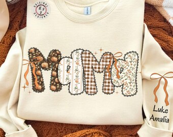 Personalized Mama Sweatshirt • Autumn Coquette Grandma Crewneck with Grandkids Names • Fall Gift for Aunt, Gigi or Nana