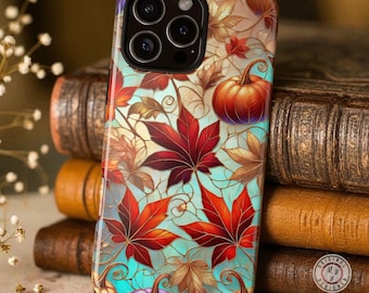 Funda para iPhone con hojas de otoño, acogedora funda para iPhone con vitral de calabaza otoñal, funda para iPhone con calabaza, fundas resistentes para iPhone con hojas de otoño