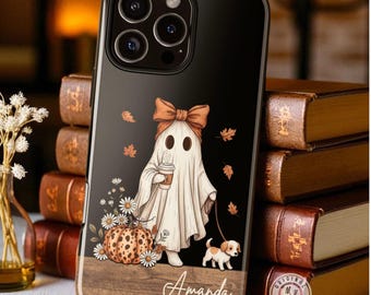 Personalized Dog Mom Halloween iPhone Case, Ghost with Coffee Fall Phone Cover, Custom Name Autumn iPhone Case, Galaxy s25 Plus Autumn Case