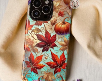 Funda para iPhone con hojas de otoño, acogedora funda para iPhone con vitral de calabaza otoñal, funda para iPhone con calabaza, fundas resistentes para iPhone con hojas de otoño