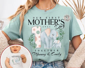 Personalized Our First Mother's Day Shirts, Custom Names Mommy and Me Cute Elephant shirts, Cute First Mothers Day 2025 Matching Shirts