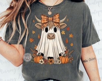 Herbst Coquette Highland Kuh Geist PNG Design, Geist Kuh PNG, Halloween Kuh PNG, Kürbis Saison png, Cottagecore Herbst Geist Shirt Design