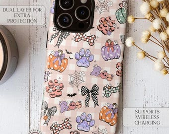 Retro Halloween Dog Paw iPhone Case, Coquette Gingham Pumpkin Phone Cover, Cute Spooky Gift for Dog Moms & Dog Lovers, Galaxy s25 Case