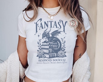 Fantasy Readers Society Baby Tee Dragon Book Shirt Mythical Creatures Book Top Bookish Vintage Reading T-shirt for Women Bookish Baby Tee